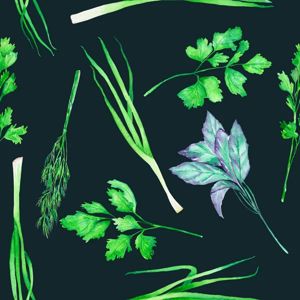 A seamless pattern with the watercolor spices: onion green, dill, parsley, cilantro and basil — Stock Fotó