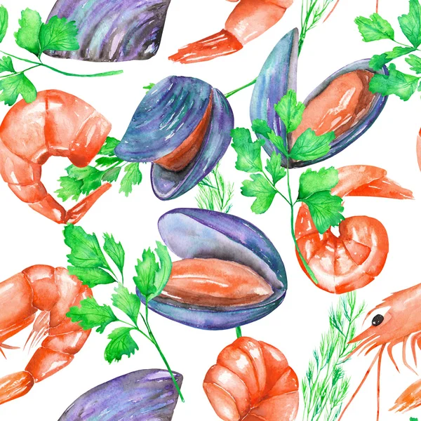 A seamless pattern with the watercolor shrimps, mussels and greenery — Stock Photo, Image