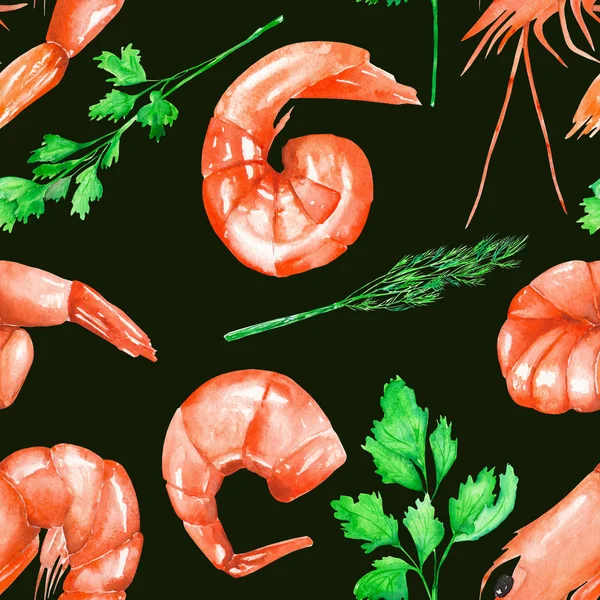 A seamless pattern with the watercolor shrimps and greenery — Stock Photo, Image