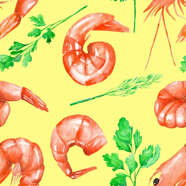 A seamless pattern with the watercolor shrimps and greenery — Stock Photo, Image