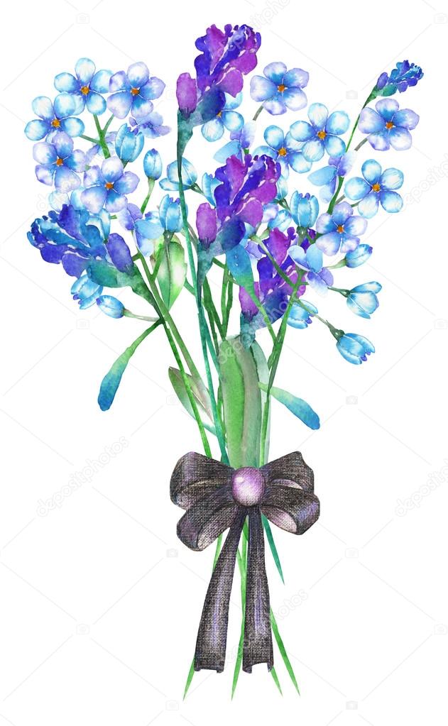 An Illustration With A Bouquet Of The Beautiful Watercolor Blue Forget Me Not Flowers Myosotis Lavender Flowers And Spikelets Decorated By A Bow Stock Photo Image By C Nastyasklyarova