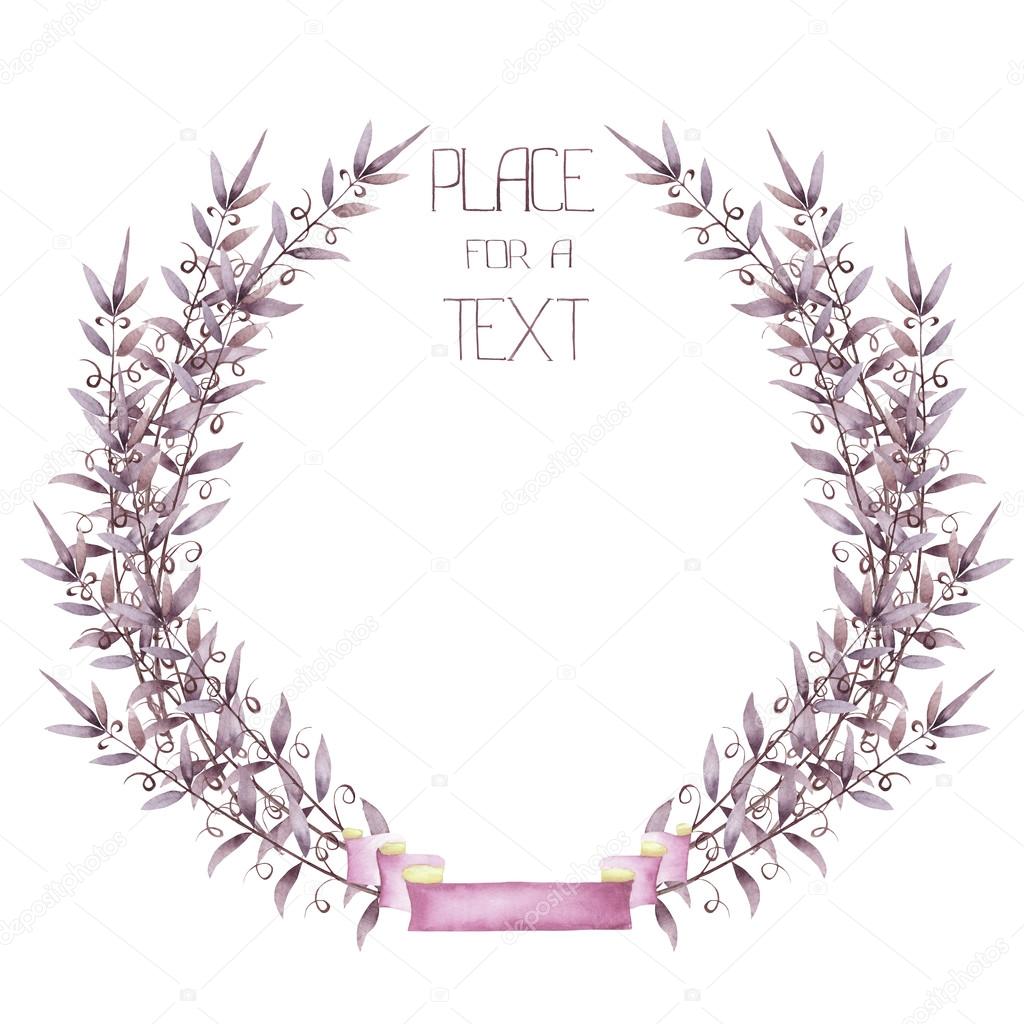 A wreath (circle frame) with the watercolor purple floral branches and a ribbon on a white background