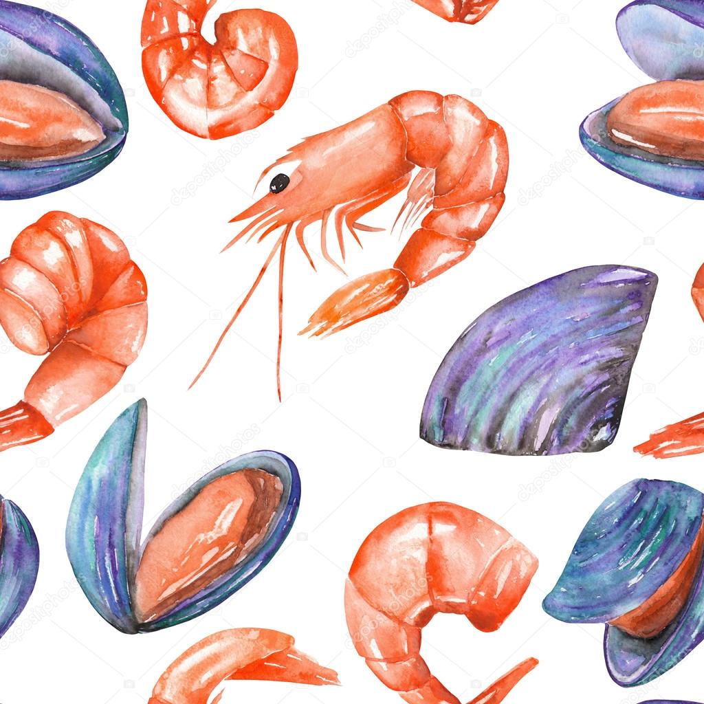 A seamless pattern with the watercolor shrimps and mussels, seafood