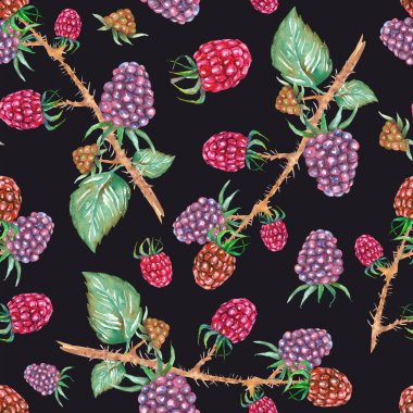 A seamless pattern with the watercolor blackberry branches