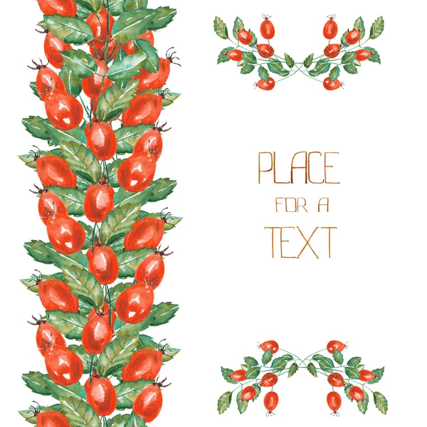 A template of a postcard, floral ornament and frame border with the watercolor rosehip branches — Stock Fotó