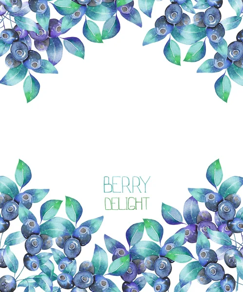 En mall av ett vykort, bakgrund för en text med akvarell blåbär grenar — Stockfoto