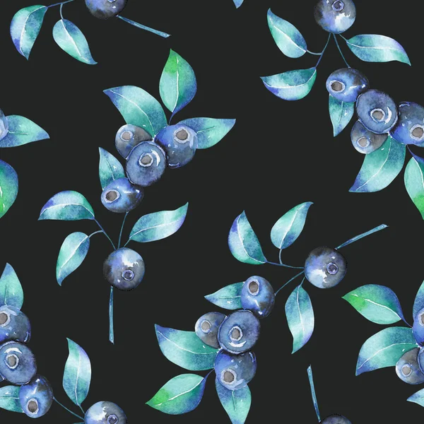 A seamless pattern with the watercolor blueberries branches — ストック写真