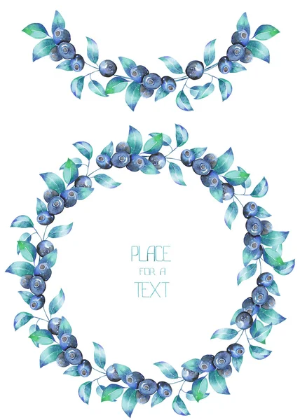 A circle frame, wreath and garland of the watercolor blueberry branches — Stock Photo, Image