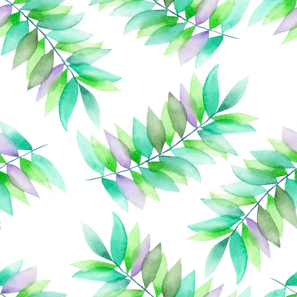 A seamless watercolor pattern with the green and violet leaves on the branches — 스톡 사진