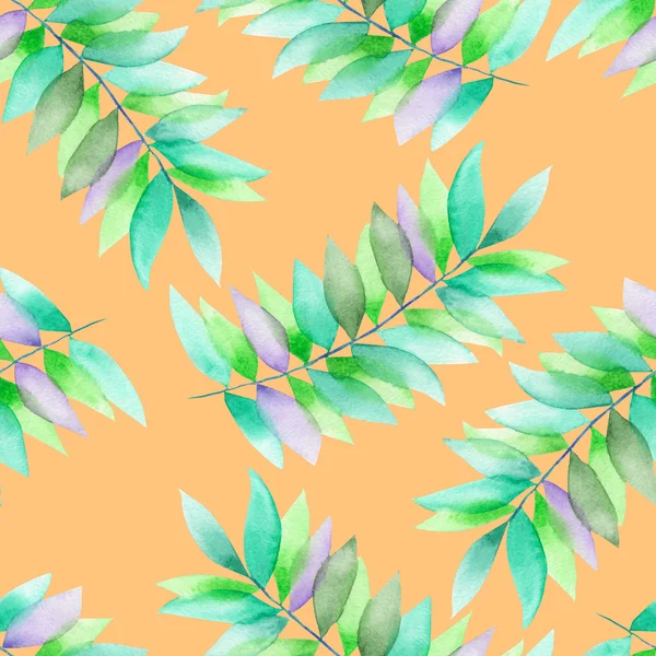 A seamless watercolor pattern with the green and violet leaves on the branches — Stok fotoğraf