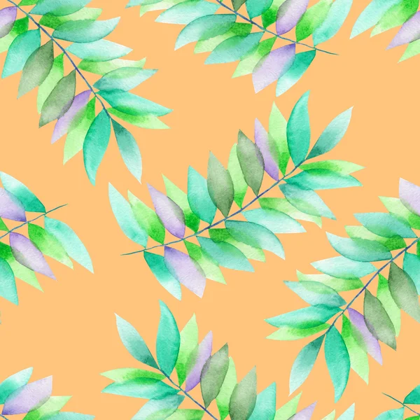 A seamless watercolor pattern with the green and violet leaves on the branches — 스톡 사진