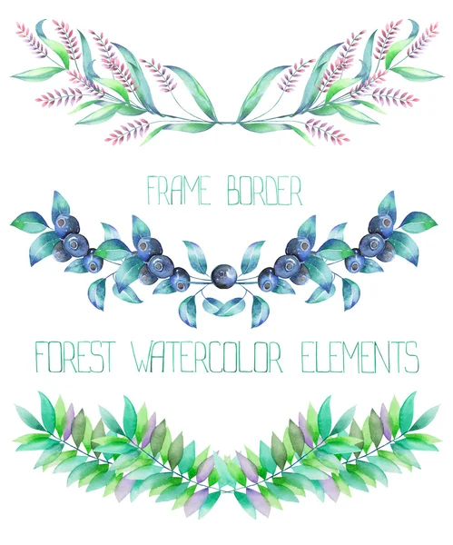 Каркасні межі з квітковим орнаментом елементів акварельного лісу: чорниця і гілки — стокове фото