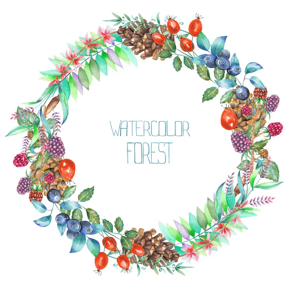 Un marco circular, corona con un adorno floral de los elementos del bosque acuarela: bayas, conos, hojas y ramas — Foto de Stock