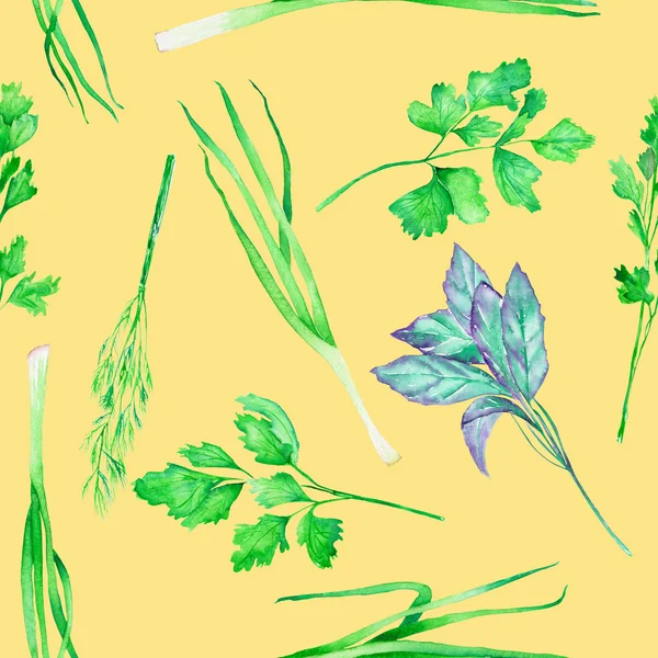 A seamless pattern with the watercolor spices: onion green, dill, parsley, cilantro and basil — Stockfoto