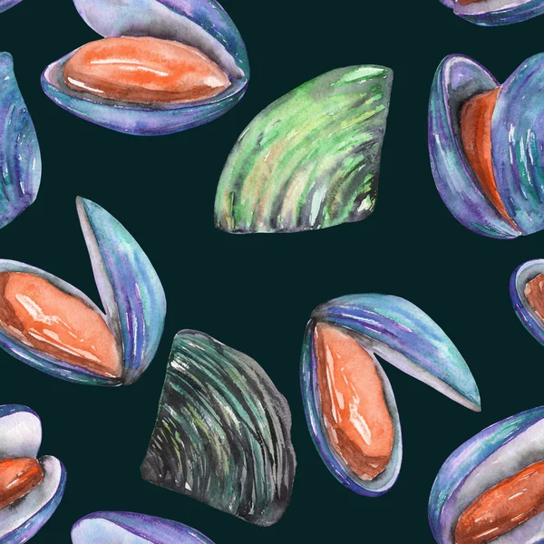 A pattern with the watercolor shells and mussels — Stockfoto