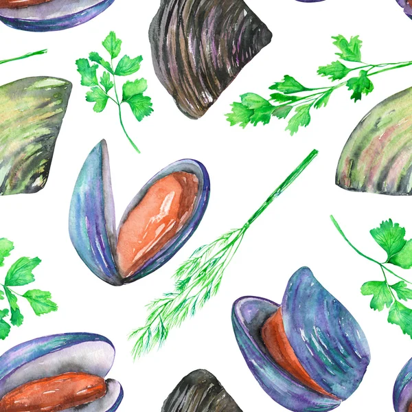 A seamless pattern with the watercolor mussels and greenery — Stock Photo, Image