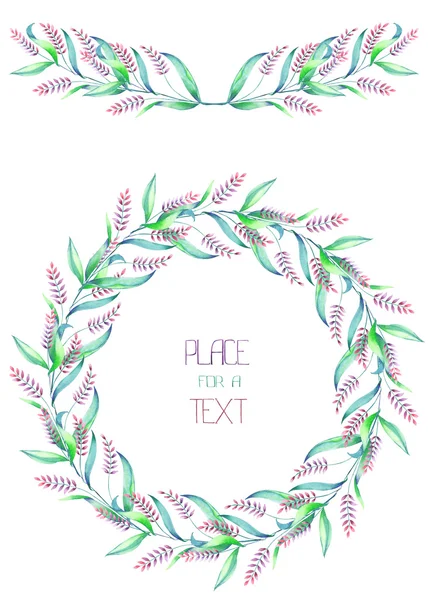 A circle frame, wreath and frame border (garland) with a floral ornament of the watercolor spikelets, wedding invitation — Stock Photo, Image