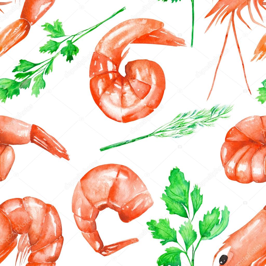 A seamless pattern with the watercolor shrimps and greenery
