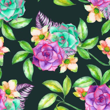 A seamless pattern with the succulents, flowers, leaves and branches