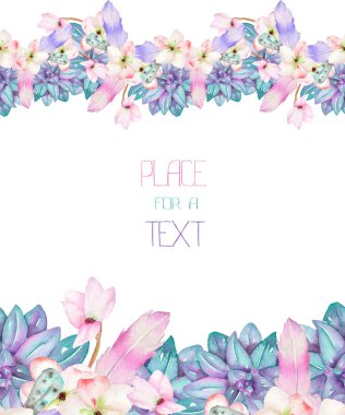 A template of a postcard, decorative place (banner) with an ornament of the watercolor succulents, flowers and feathers, wedding invitation