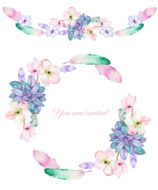 A circle frame, wreath and frame border (garland) with the watercolor flowers, feathers and succulents, wedding invitation