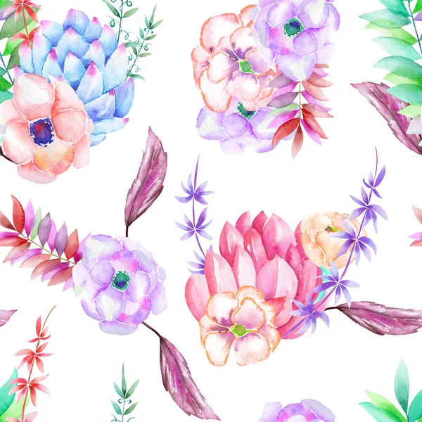 A seamless pattern with the succulents, flowers, leaves and branches — Stockfoto