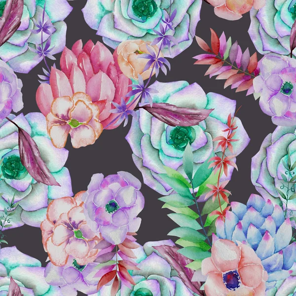 A seamless pattern with the succulents, flowers, leaves and branches — Stockfoto