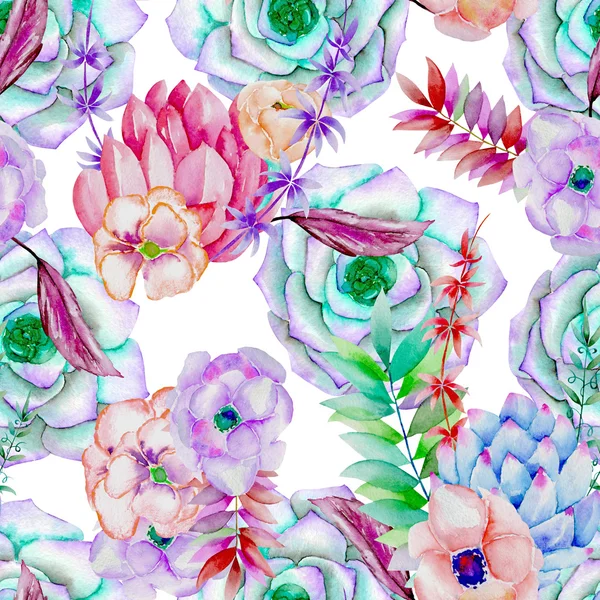 A seamless pattern with the succulents, flowers, leaves and branches — Stockfoto