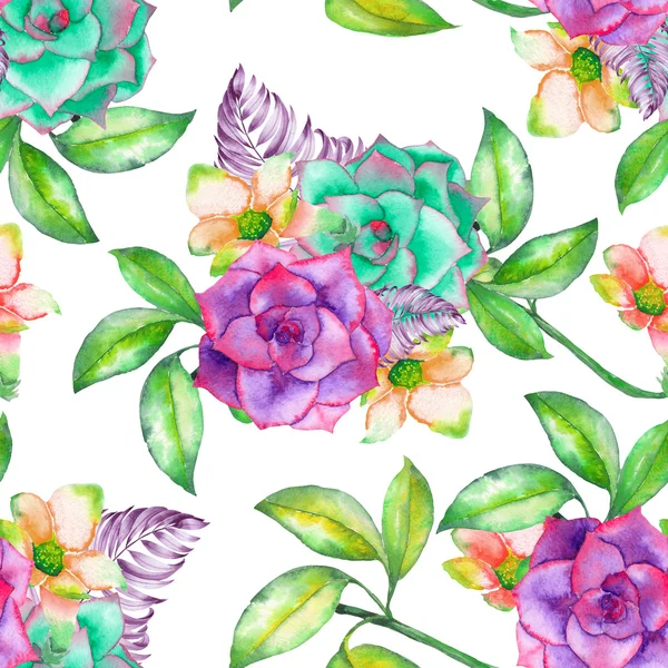 A seamless pattern with the succulents, flowers, leaves and branches — Stock fotografie