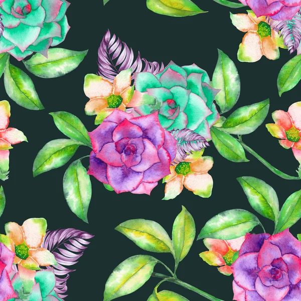 A seamless pattern with the succulents, flowers, leaves and branches