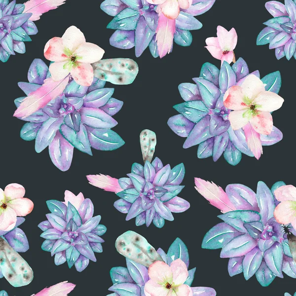 A seamless pattern with the watercolor flowers, feathers and succulents — Zdjęcie stockowe