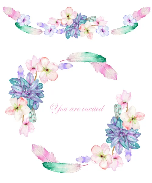 A circle frame, wreath and frame border (garland) with the watercolor flowers, feathers and succulents, wedding invitation — ストック写真