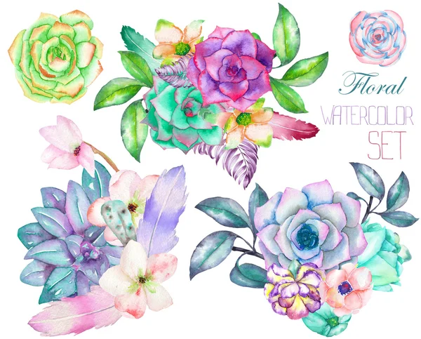 Um buquês decorativo com os elementos florais aquarela: suculentas, flores, folhas e ramos — Fotografia de Stock