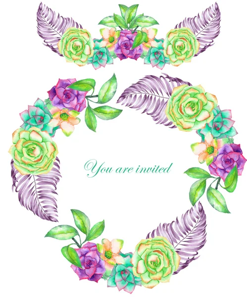 A circle frame, wreath and frame border (garland) with the watercolor flowers and succulents, wedding invitation