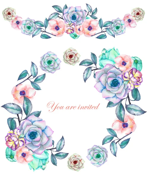 A circle frame, wreath and frame border (garland) with the watercolor flowers and succulents, wedding invitation