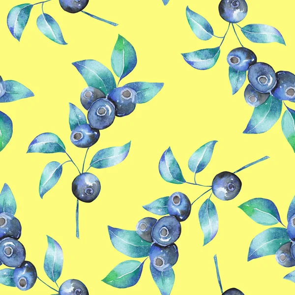 A seamless pattern with the watercolor blueberries branches — ストック写真