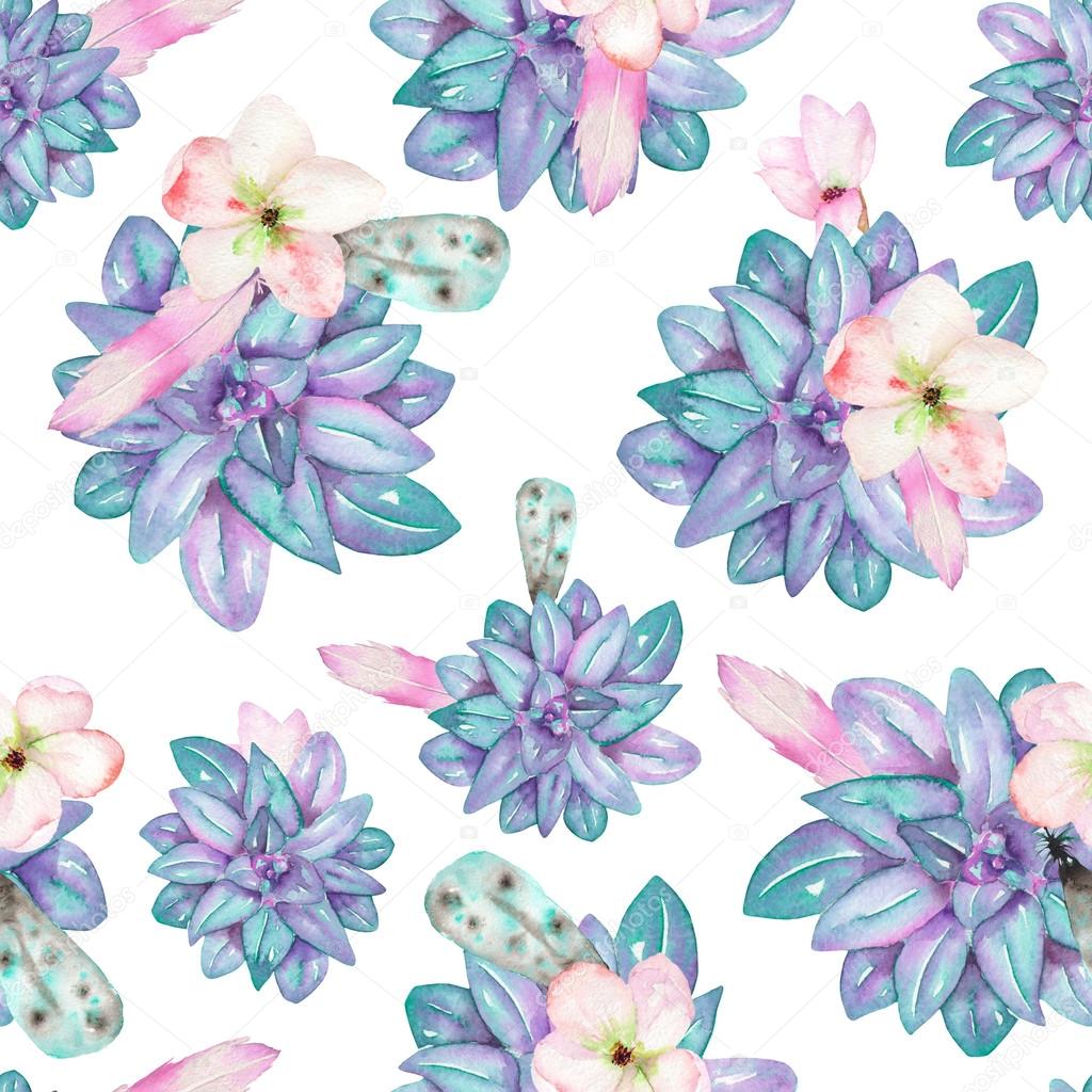 A seamless pattern with the watercolor flowers, feathers and succulents
