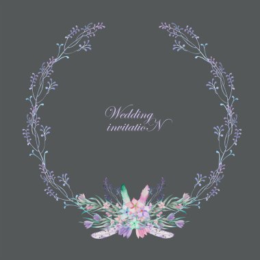 Bir daire kare, çelenk, suluboya çiçek, tüyler ve dalları, davet düğün çerçeve kenarlığı