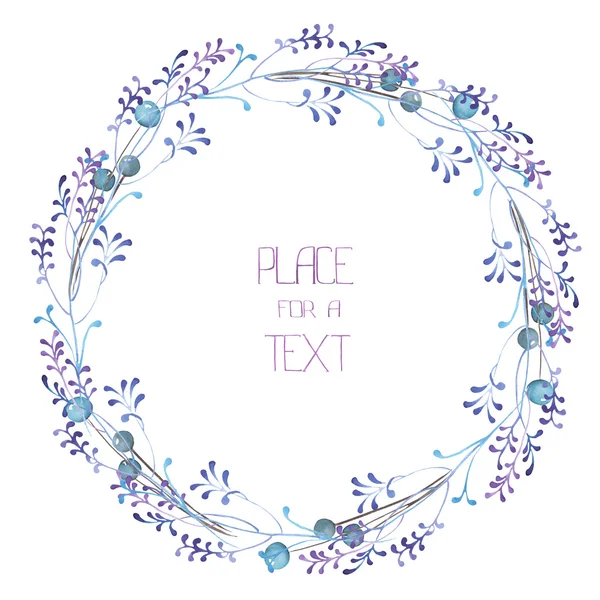 Een cirkelframe, de krans, de randen van het frame met de aquarel blauwe bessen en violet takken, bruiloft uitnodiging — Stockfoto