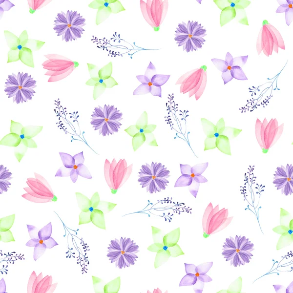 A seamless floral pattern with watercolor hand-drawn pink and purple spring flowers — Stock Photo, Image