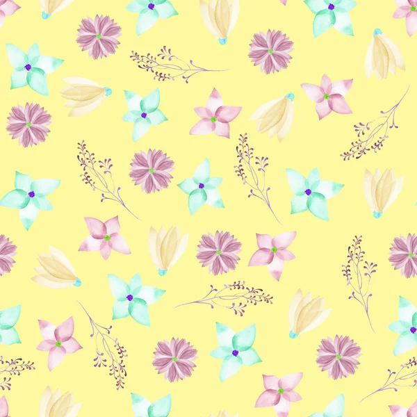 A seamless floral pattern with watercolor hand-drawn blue and purple spring flowers — Stock Photo, Image