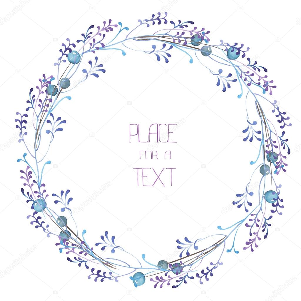 A circle frame, wreath, frame border with the watercolor blue berries and violet branches, wedding invitation