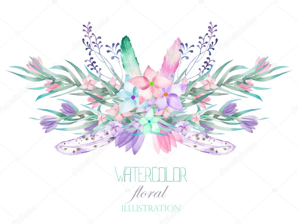 An illustration, image of a floral watercolor bouquet with the flowers, branches, leaves and feathers