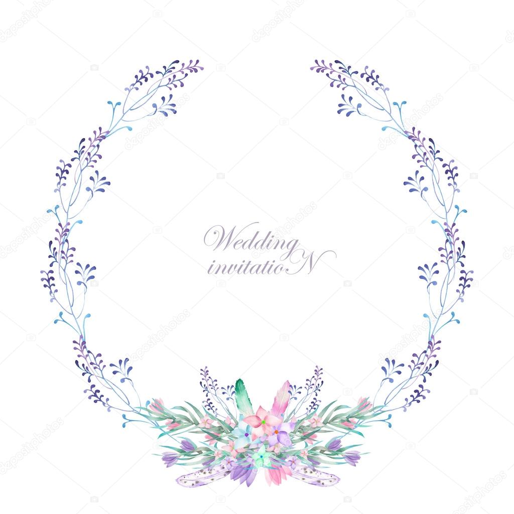 A circle frame, wreath, frame border with the watercolor flowers, feathers and branches, wedding invitation