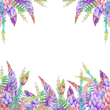 Çiçek tasarım şablonuyla kartı; bir lupine suluboya çiçek öğeleri çiçek ve diğer kır çiçekleri.