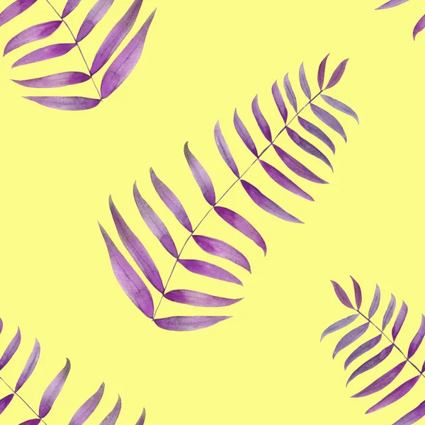 Un patrón sin costuras con las hojas de palma, hojas de helecho, dibujado a mano en acuarela sobre un fondo amarillo —  Fotos de Stock