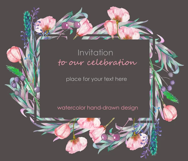 Karta šablony s květinovým vzorem; bobule, jarní květiny a listy ruka natažený v akvarel; Květinové dekorace pro svatbu, blahopřání, symbolu, rám — Stock fotografie