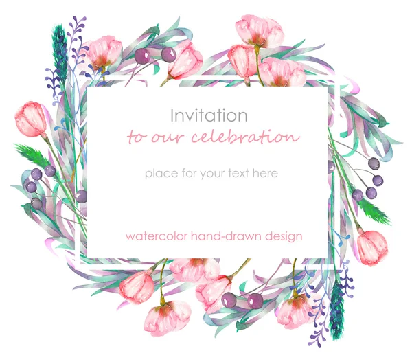 Plantilla de tarjeta con el diseño floral; bayas, flores de primavera y hojas dibujadas a mano en una acuarela; decoración floral para una boda, tarjeta de felicitación, símbolo, marco — Foto de Stock