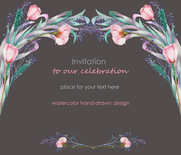 Plantilla de tarjeta con el diseño floral; bayas, flores de primavera y hojas dibujadas a mano en una acuarela; decoración floral para una boda, tarjeta de felicitación, símbolo, marco —  Fotos de Stock