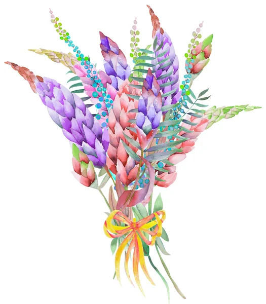 Güzel suluboya parlak lupine çiçek bir buket ile bir illüstrasyon, elle bir suluboya çizilmiş — Stok fotoğraf